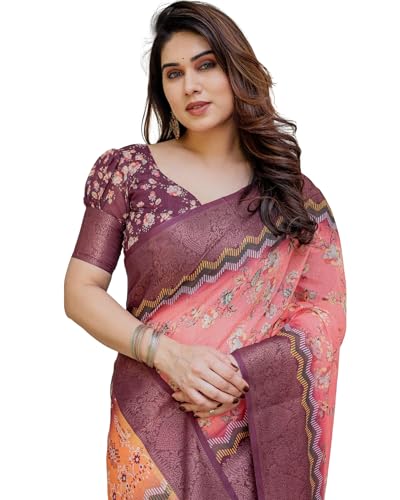 Image of ALMAARI FASHION Floral Printed Cotton Saree for Women with Handloom Zari Weave, Traditional Lightweight Ethnic Saree for Wedding Festive Office Party with Blouse Piece (LINEN 81-90 SH)