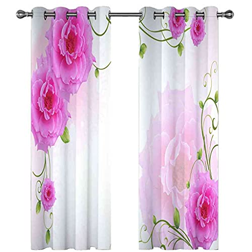 Rideaux occultants 100% polyester à oeillets fleurs roses romantiques 3D