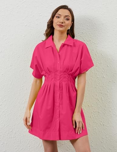 Image of calbatic Women Button Down Pleated Shirt Dress Striped Short Sleeve Summer Casual Business Flowy Mini Short Dress Rose Red
