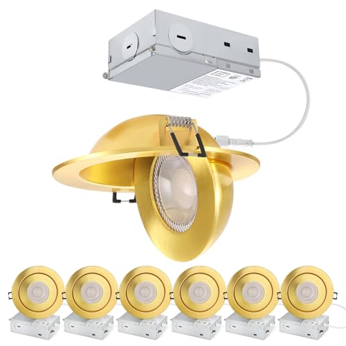 Image of POPANU 4 inch LED Recessed Light - 9W Gold Gimbal Recessed Lighting Canless Soffit Swivel Eyeball 90 Tilt Wafer Slope Ceiling Adjustable Spotlight Dimmable for Accent Lighting Gold 6 Pack