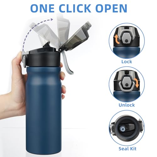 Image of BJPKPK 18 oz Water Bottle with Straw & Handle, Insulated Stainless Flask | Leak Proof Locking Lid, Thermal, Double Wall Vacuum, Keeps Hot /Cold, BPA Free, Dishwasher Safe, Travel & Sports, Navy Blue