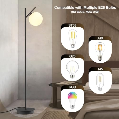 Image of Modern Floor Lamp for Living Room Retro Vintage Tall Standing Lamp Mid Century Black Freestanding Lamp Contemporary Glass Floor Lamps for Bedroom Office Hotel