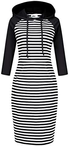 MISSKY Women 3/4 Raglan Sleeves Pocket Slim Sweatshirt Pullover Hoodie Dress (L,Black&White7#)