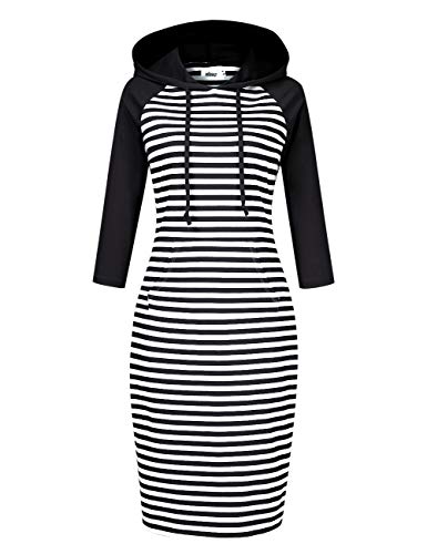 Missky Women 3/4 Raglan Sleeves Pocket Slim Sweatshirt Pullover Hoodie Dress (L,Black&White7#) #TOP3