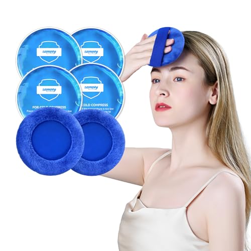 samply Small Gel Ice Packs for Boo Boos, Cold Packs for Injuries Reusable Pain Relief, Headaches and Toothaches,Eyes, Face, 4 Pack Mini Round Ice Packs with 2 Covers for Cold Compress, Dark Blue