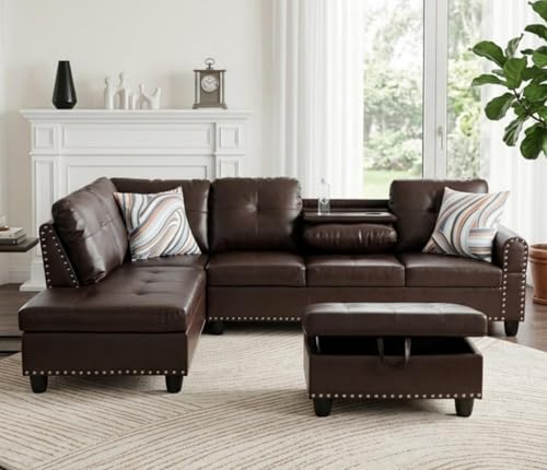 Trygoal 97.5 inch L-Shape Sofa with Storage Ottoman & Reversible Coffee Table, Leather Sectional Couch with Left Chaise, Modern 3-Piece Sofa Set, Upholstered Couch Set with Solid Wood Frame, Brown