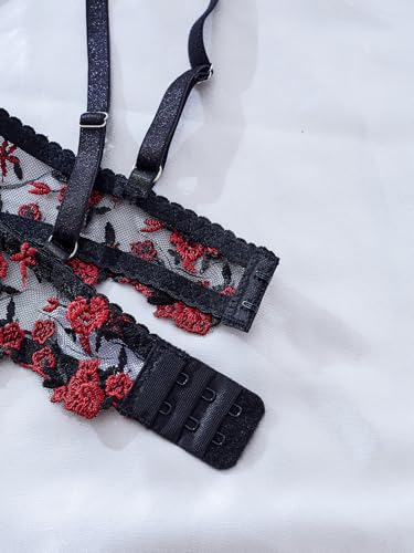 Image of Sexy Floral Embroidered Flower Mesh Underwire Push Up Lingerie Set