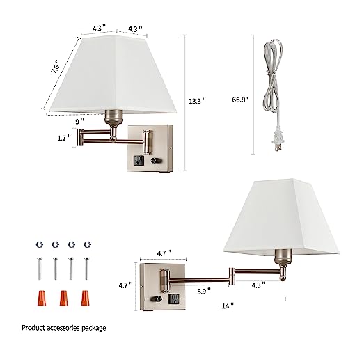 Plug in Wall Light,Swing Arm Wall Sconces with USB Port and Outlet,Wall Lamp with White Fabric Shade Dimmable Switch for Bedroom, Living Room , Office Nickel - Image 6