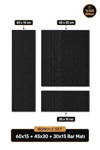 3'lü %100 Silikon Bar Matı Seti, 60x15 + 45x30 + 30x15 cm Kaydırmaz Mat