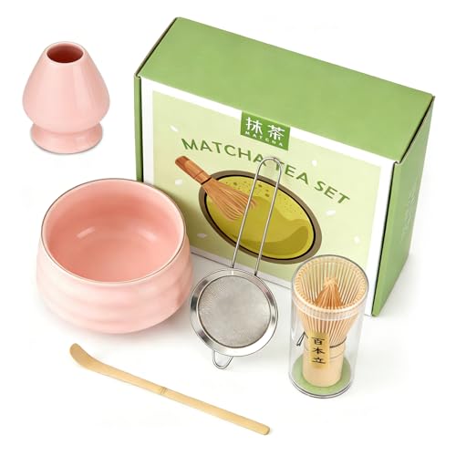 MFUSUL Matcha Kit 5 Pezzi per Principianti, Kit Matcha Completo con Ciotola e Supporto, Cucchiaio, Frusta in Bambù per Cerimonia Tè Matcha Artigianale