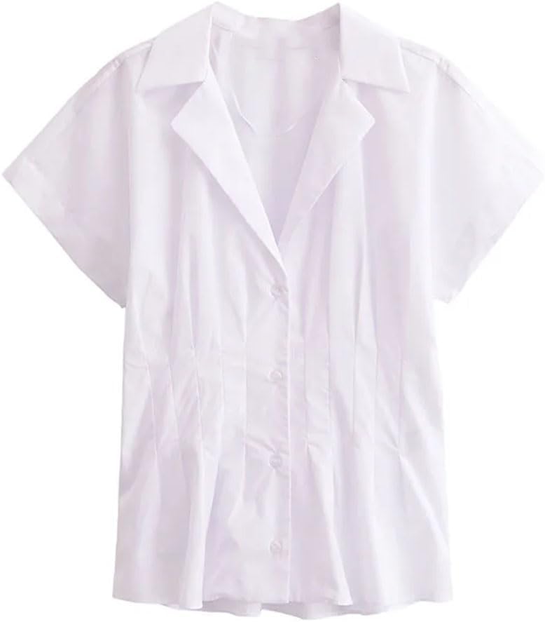 Women's Short Sleeve Pleated Button Shirt