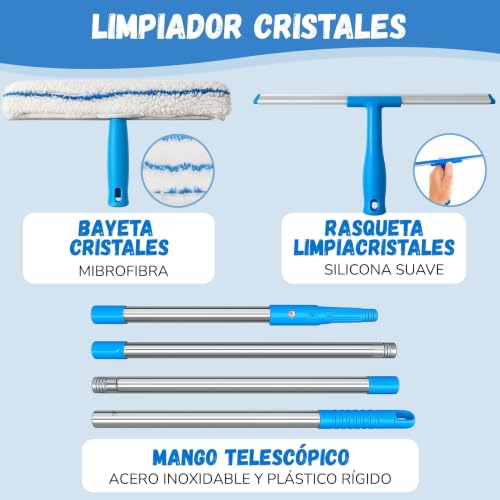 Miniatura 3 de Limpiacristales Telescopico Con Rasqueta Limpiacristales Paños Microfibra 2 Cabezales Intercambiables Con Palo Extensible Ideal Ventanas Altas, Mamparas Y Coche Incluye Bolsa Para Guardar