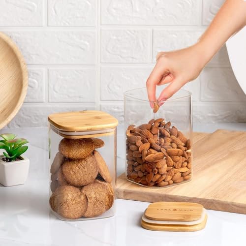 Image of Square Glass Food Storage Containers with Airtight Bamboo Lid, 1200 ml Thickened Coffee Storage Jars for Home Kitchen,Spices, Snack set of 12 (12, SQUARE BAMBOO LID GLASS JAR 1200 ml -)