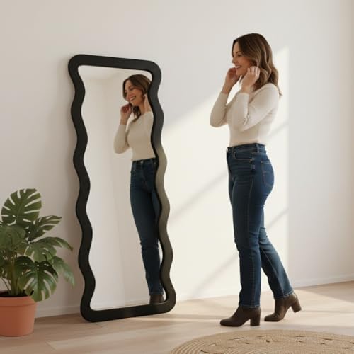 Image of Creative Arts n Frames 22 x 52 inch Full Length Dressing Chevel Long MDF Wood Zigzag Curvy Irregular Shape Framed HD Mirror Home Decor Items (Classic Black Zigzag2 Full Length Mirror)