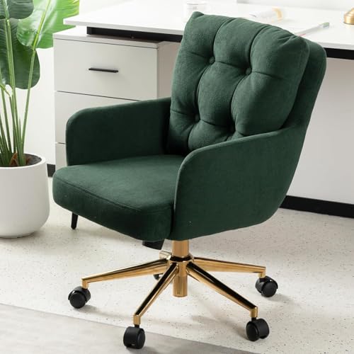 BALIAA Flannel Office Chair Comfy Home Office Desk Chairs with Lumbar Support Modern Velvet Desk Chair Gold Legs Small Swivel Task Chair for Home Office Bedroom Study (Green L)