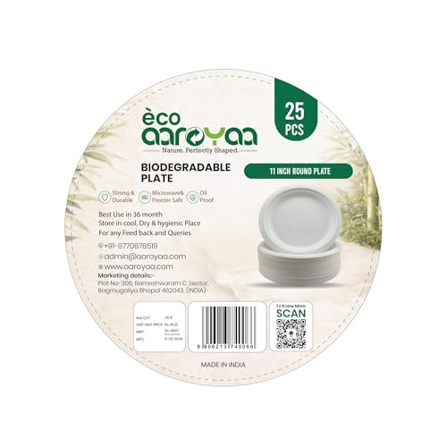 Image of Eco Aaroyaa Sugarcane Bagasse Disposable Plates - 11 Inch - Eco-Friendly Disposable Plate for food - Biodegradable Paper Plate - Strong and Sturdy, Oil & Water Resistant use and throw plates (25 Pack)