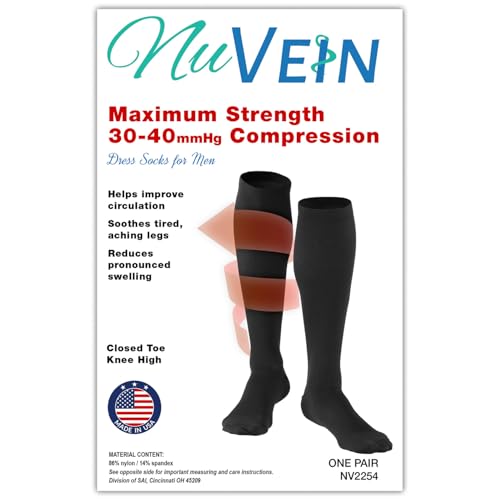 NuVein Men's Compression Socks, 30-40 mmHg Support, Dress Trouser Style, Over Calf Knee High, Black, Large2