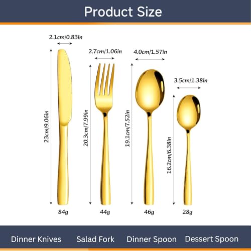 Image of Clovis Stainless Steel Flatware Set 4 Pieces, Titanium Plated Mirror Finish, Cutlery Set for 1 with Knife Fork Spoon and Teaspoon, Gold
