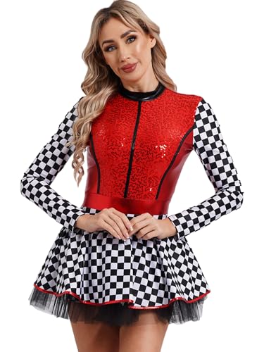 Eandarui Rennfahrer Kleid Damen Boxenluder Kostüm Langarm Pailletten Kleid Schachbrettmuster Patchwork Tanzkleid Mit Tutu Tüllrock Wettbewerb...