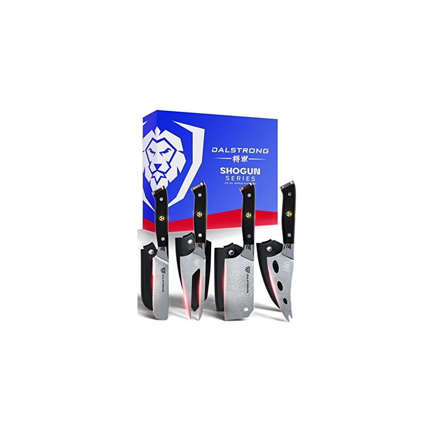 Dalstrong Charcuterie & Cheese Knife Set - 4-Piece - Shogun Series - Mini Cleaver, Serrated Knife, Round-Tip, Forked Cheese Knife - AUS-10V Japanese Steel - G10 Garolite Handle Kitchen - w/Sheath