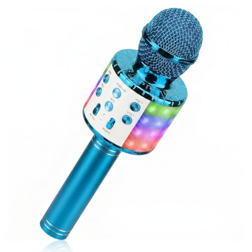 ShinePick Mikrofon Kinder 4-in-1 Drahtloses Bluetooth Karaoke Mikrofon Tragbare LED Microphone für Kinder Heim KTV Karaoke Gerät kompatibel mit iOS Android PC (Blau)