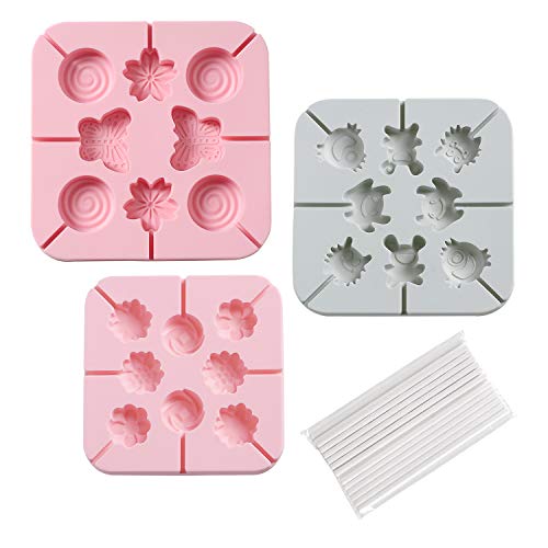 Candy Molds for Lollipop 3 x 8-Cavities Silicone Lollipop Molds Chocolate Hard Candy Mold Round Flower Butterfly Little Monster for Kids Baking Birthday Party, with Lollipop Sticks