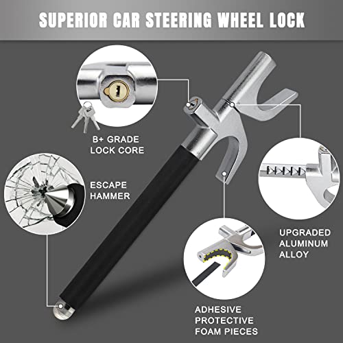 ROADGIVE Steering Wheel Lock, Anti-Theft Car Steering Wheel Heavy Duty Retractable Lock, Double Hook Universal Fit Emergency Hammer Window Breaker with 3 Keys,Compatible for Auto, Truck, SUV, Black