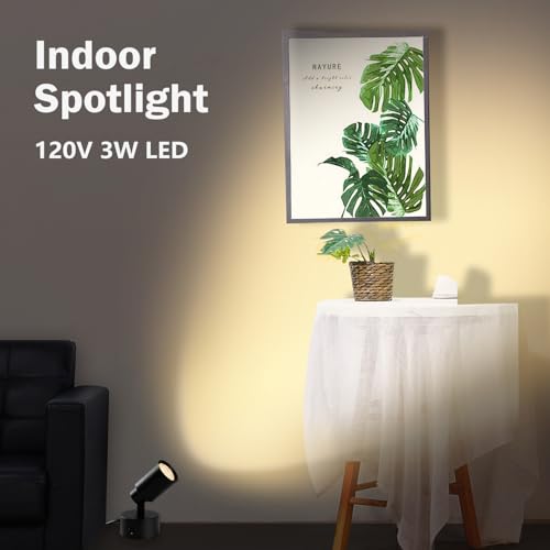 Image of 2 Pack LED 120V SpotLights Indoor, 3W Up Lights Floor Spotlight, 3000K Uplights Indoor Accent Lighting for Plants Pictures Artwork Desk,5.9 FT Plug Cord and Foot Switch