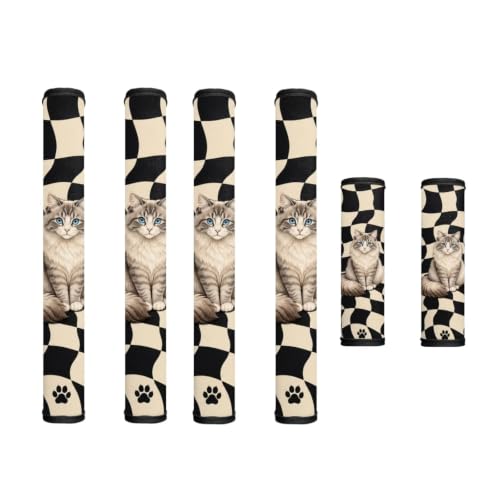 Image of Refrigerator Door Handle Covers Set of 6 Washable Kitchen Appliance Decor Handles Keep Clean Anti-Slip Fridge Accessories Home Decor, Cute Cat Plaid Black Beige