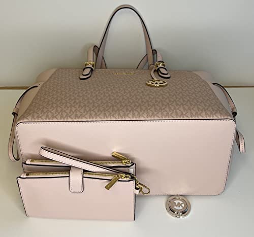 Michael Kors Michael Michel Kors Gilly Large Drawstring Travel Tote Bundled With Double Zip Wristlet Purse Hook (Signature Mk Pink) #TOP4