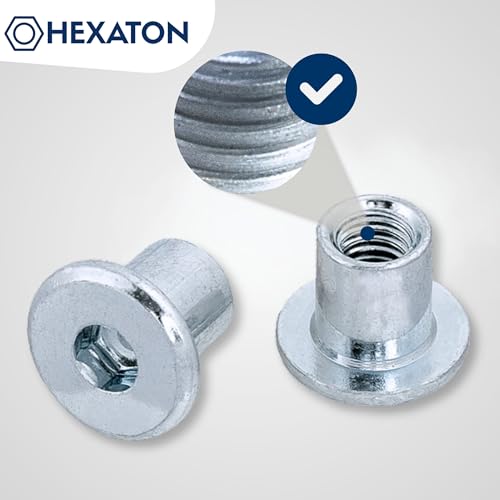 HEXATON Hülsenmutter M6 x 15 x 12 mm – 50 Stück, Flachkopf mit Innensechskant, Stahl verzinkt, Linsenkopf für Möbelverbindungen und Inbusschlüssel