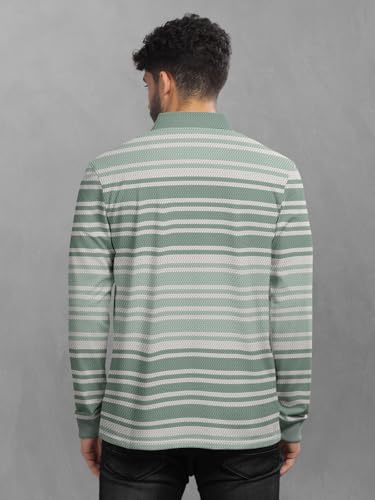 Image of BULLMER Striped Textured Printed Polo Neck Fullsleeve T-Shirt with Rib for Men