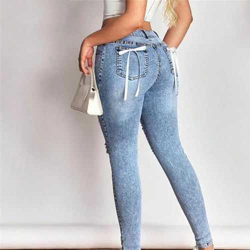 Women’S High Elastic Bows Ripped Mid Waisted Pencil Jeans Skinny Fit Sexy Ankle Length Zipper Fly Streetwear Denim Pants2