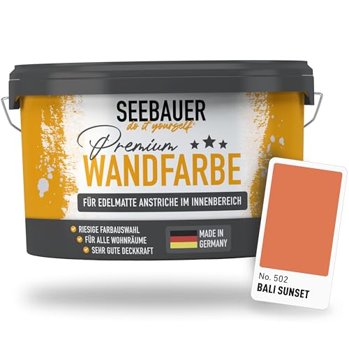 SEEBAUER diy Wandfarbe Orange 2,5L für Innen (No. 502 Bali Sunset) Edelmatte orange Innenfarbe - Orangetöne sehr hohe Deckkraft - Matt, Abwaschbar und Tropffrei