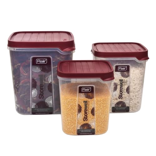 FLAIR Plastic Storewell Square Food Storage Containers Set Of 3 (6L, 8L, 12L)- Maroon, Air Tight Containers For Kitchen Storage Ideal Kitchen BoXFor Rice, Atta And Grains, Bpa-Free, Food Grade