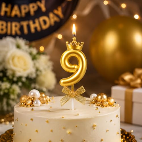 Image of Number 9 Unscented Candle with Crown for Birthday, Wedding, Engagement, Valentines Day Celebration, Bachelorette Cake Topper for Decoration 1 pc, Gold