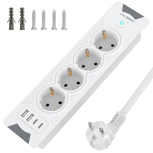 Regletas Enchufes con 2 USB y 2 Type-C, 4 Tomas Enchufes Multiple con Interruptor,3680W/16A Toma de Empotrar de Sobremesa, Enchufe de Superficie Muebles de Cocina, 2M Cables