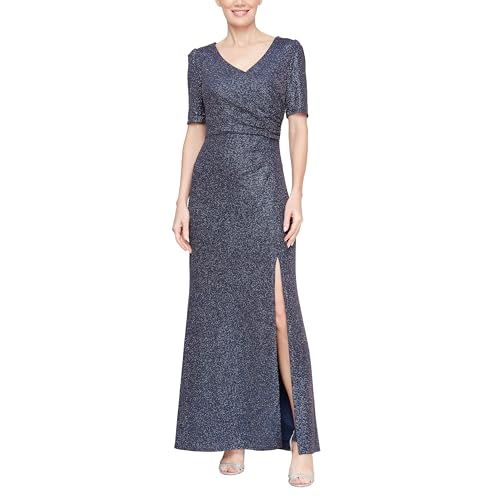 Image of Alex Evenings Womens Long 3 /4 Sleeve Formal Event Dress with Cinched Tie Waist (Petite and Regular Sizes)
