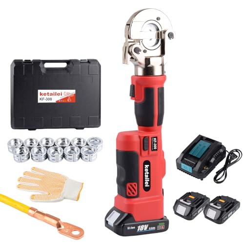 ketailei 6Ton Electric Hydraulic Crimper, 6AWG-600MCM Rechargeable Cu/Al Terminal Tool, Crimp Cable Lug Kit (KF-300)