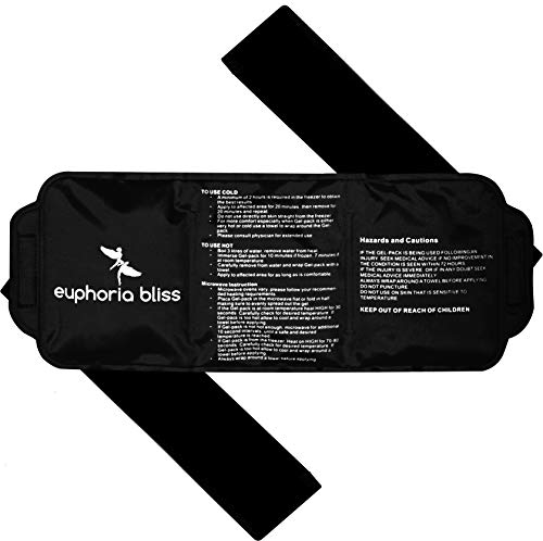 Hot and Cold Gel Ice Pack with Strap Reusable Flexible After Freezing 14'' x 6'' Back Neck Shoulders Jaw Wrist Legs Ankles Abdomen (Black)