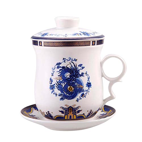WEITY Set of 4 Dragon Pattern Ceramic Tea Cups, with Strainer Infuser and Lid and Saucer Individual Tea Cups,China Jingdezhen Ceramic Tea Cups, 300ml Cover