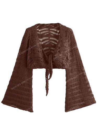 WDIRARA Women's Tie Front Long Bell Sleeve Crop Cardigan Deep V Neck Crochet Sweater Knit Outerwear