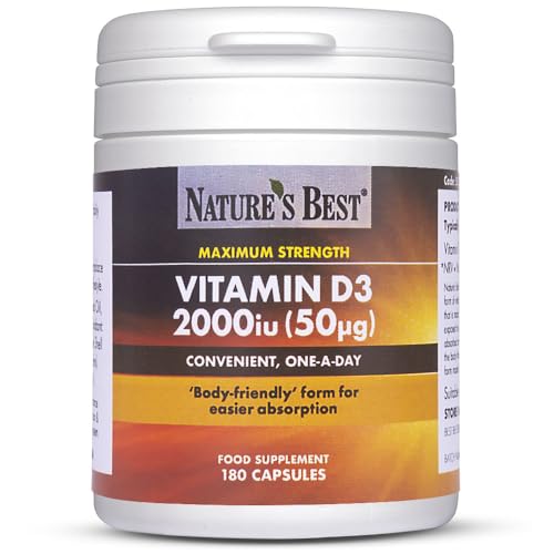 Nature's Best Vitamin D3 2000iu - High Strength & Highly Absorbable Supplement - UK Made - 180 Capsules (6 Months' Supply)
