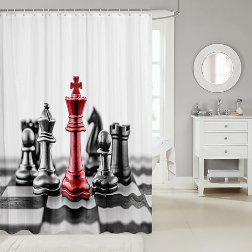 Image of Chess Shower Curtain with Hooks Horse Head International Chess Stripes Bathroom Shower Curtain Fashion Chessboard Waterproof Shower Curtains for Boys Girls Kids Board Game Bath Curtains 72x78 Inch