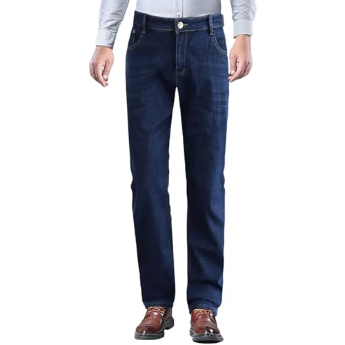 Men's Baggy Jeans Thermal Winter Fleece Lined Thickened Relaxed Fit Stretch Denim Pants Business Casual Pants with Button Fly