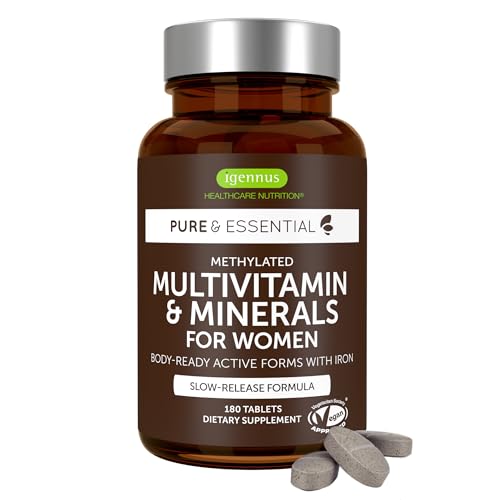 Image of Igennus High Potency Methylated Multivitamin for Women with Gentle Iron, 5-MTHF Folate & Methylcobalamin B12, Pure & Clean, Sustained Release, Active B-Complex & K2 MK-7, Non-GMO, 180 Vegan Tablets