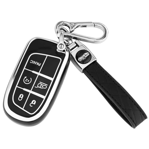 XIYANG TRADE for Jeep Key Fob Cover with Keychain Soft TPU Key Case Shell Full Protection for Grand Cherokee Renegade Chrysler 200 300 Dodge RAM Durango Challenger Journey Dart Fiat Smart Key (Black)