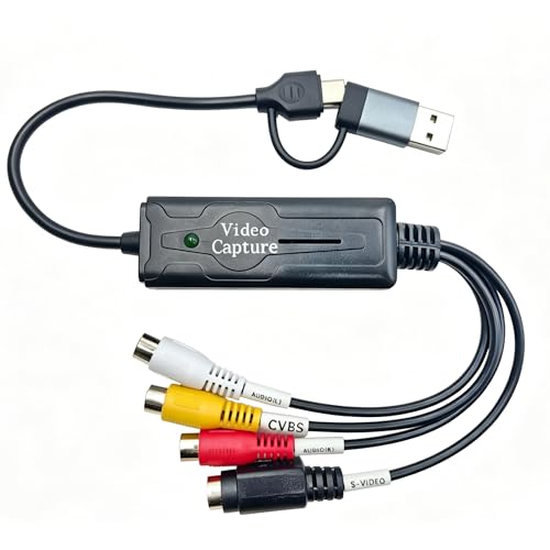 Hrua VHS to Digital Converter Cable, Dual USB & Type-C Video Capture Card for Mac/PC/Android, Easy RCA AV/S-Video to Digital Adapter for VCR, Hi8, Mini DV Tapes - Plug & Play