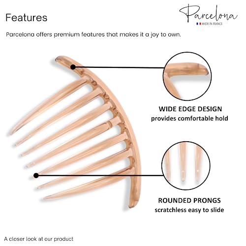 Parcelona French Twist 7 Teeth Large 4" Celluloid Set Of 2 Flexible Durable Side Hair Comb No Slip Styling Women Hair Accessories Girls Hair Clip, Made In France (Shell) #TOP2