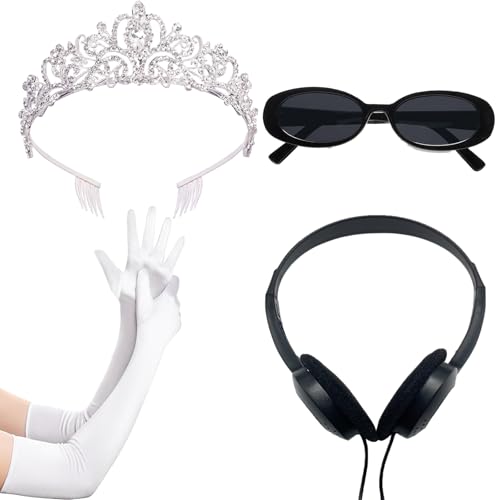 Brimekichio White Tiara Gloves Sunglasses Headphones Princess Costume Accessories for Women Princess Cosplay Bachelorette Party Decorations